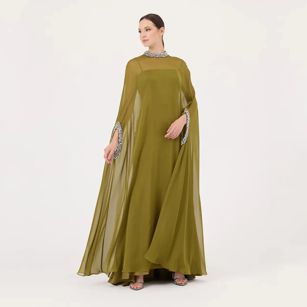 Elegant Mother of the Bride Dresses for Weddings Crystal O Neck Cape Illusion Formal Party Gowns Maxi Ankle Length Evening Dress