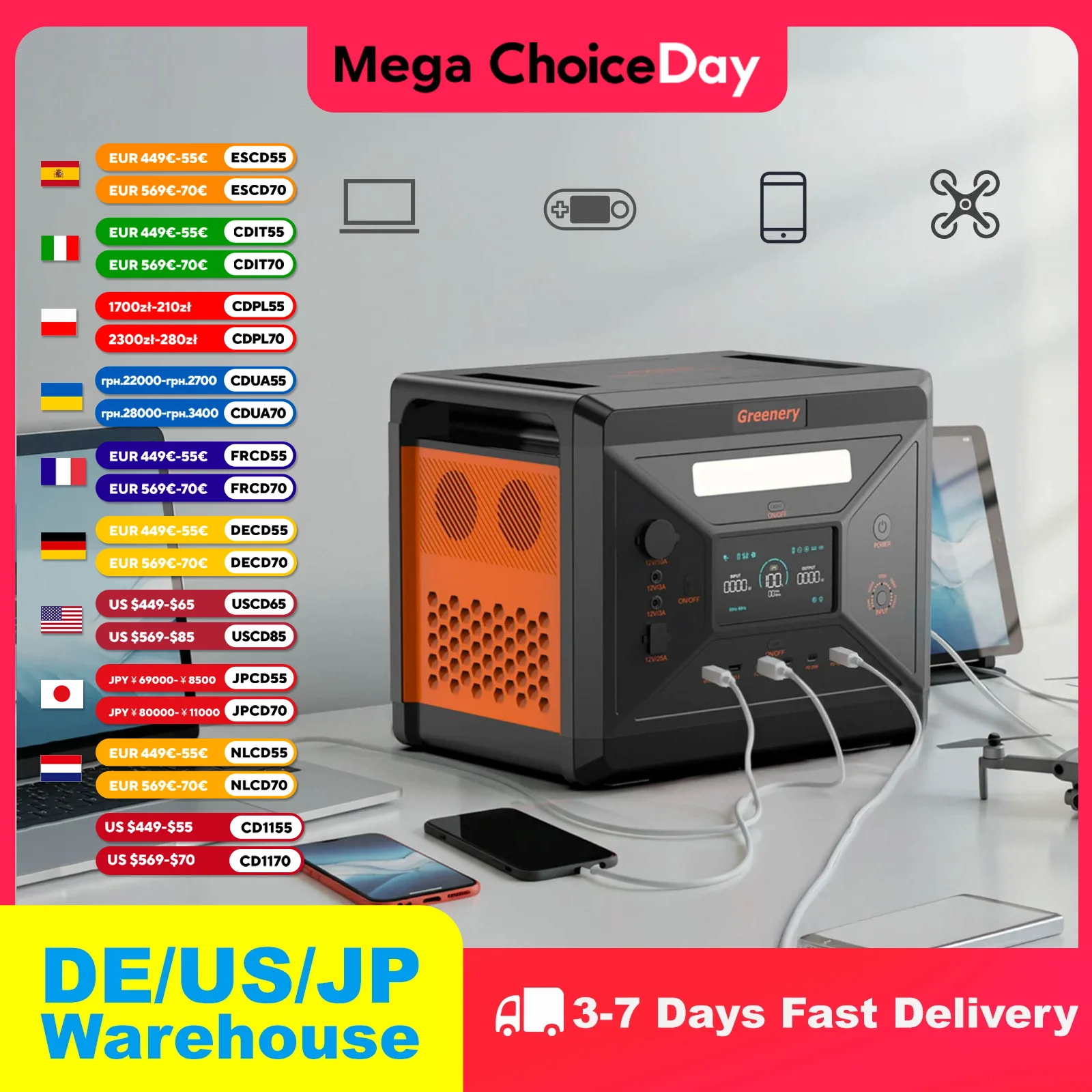 

Greenery Portable Energy Station G2500 BMS Protection Power Bank 2500W 2304Wh External Lifepo4 Battery Camping Field Equipment