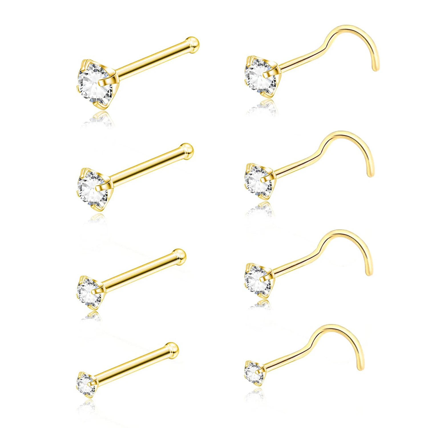 5Pcs CZ Gem Stainless Steel Nose Piercing Stud Crystal Nariz Body Jewelry S L Bone Shape Nostril Rings for Women Girl 20g 0.8mm