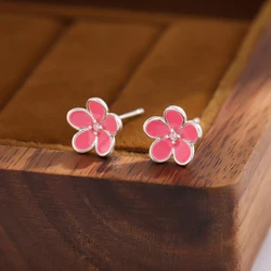 Cute Literary Flower 925 Sterling Silver Pink Epoxy Crystal Stud Earrings