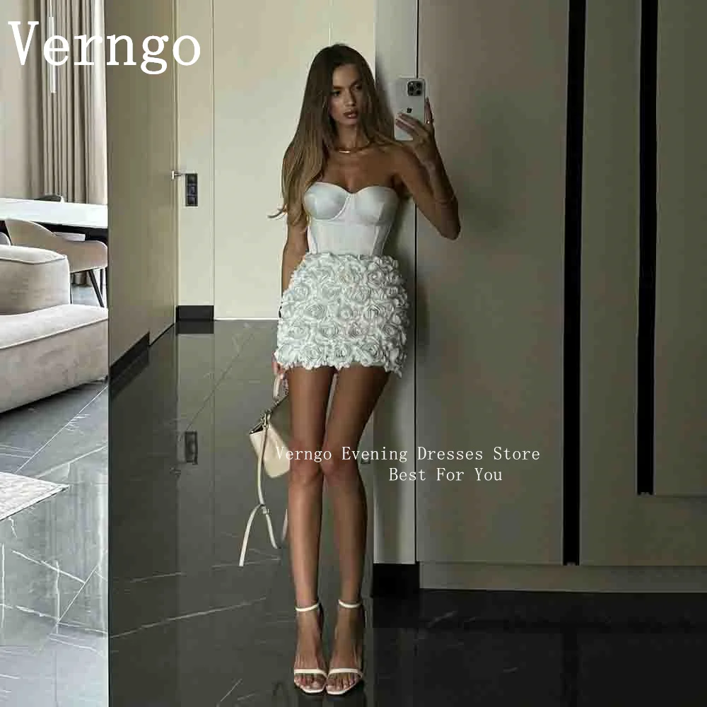 

Verngo lvory Satin Mini Party Dress 3D Flowers Strapless Cocktail Dress Women Sexy Mini Celebrity Dress Prom Dress Customized