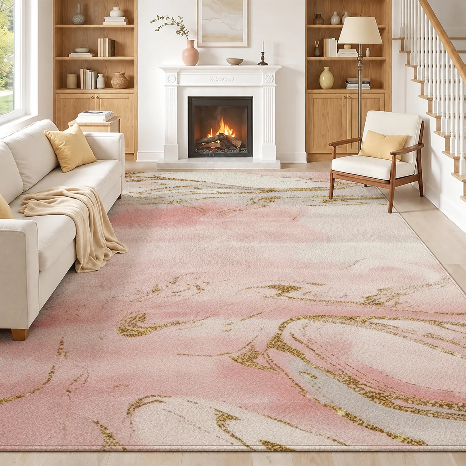 Large Indoor Area Rug, Soft Velvet Low Pile Rug with Non-Slip Dotted Backing, Machine Washable Pink Gold Marble Abstract Pattern for Living Room and Bedroom Home Decor