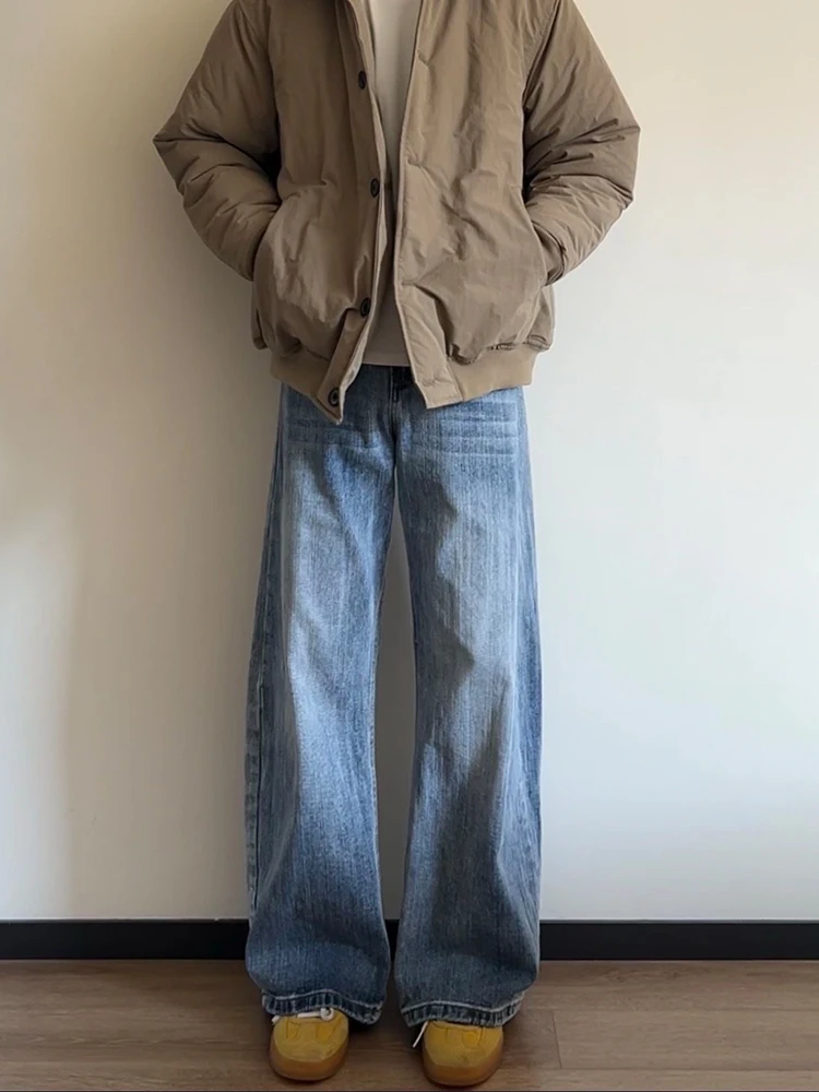 

Мужские зимние джинсы с узором «Синие бамбуковые бутоны», расклешенные, в американском стиле, свободные, широкие, прямого кроя, повседневные