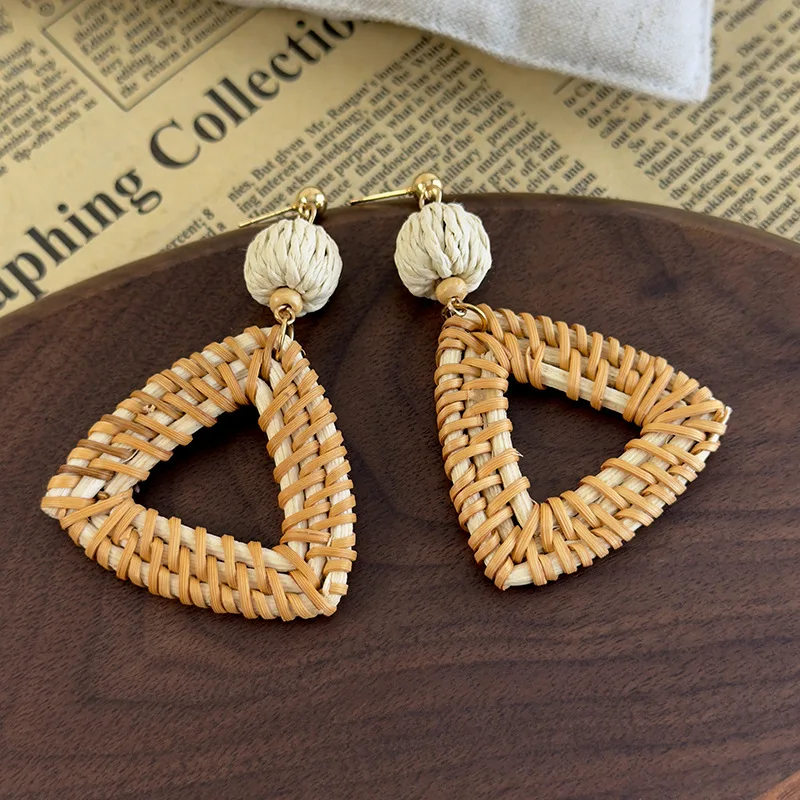 Rattan Drop Earrings for Women Beach Boho Vacation Natural Fiber Lightweight Breathable Unique Resort Style Daily
