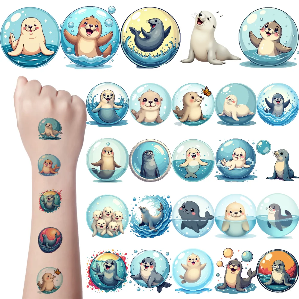 63pcs Bubble Sea Lion Temporary Tattoos Cute Seal Tattoo Stickers Waterproof Body Art Fake Tattoo For Kids Girls Women Arm