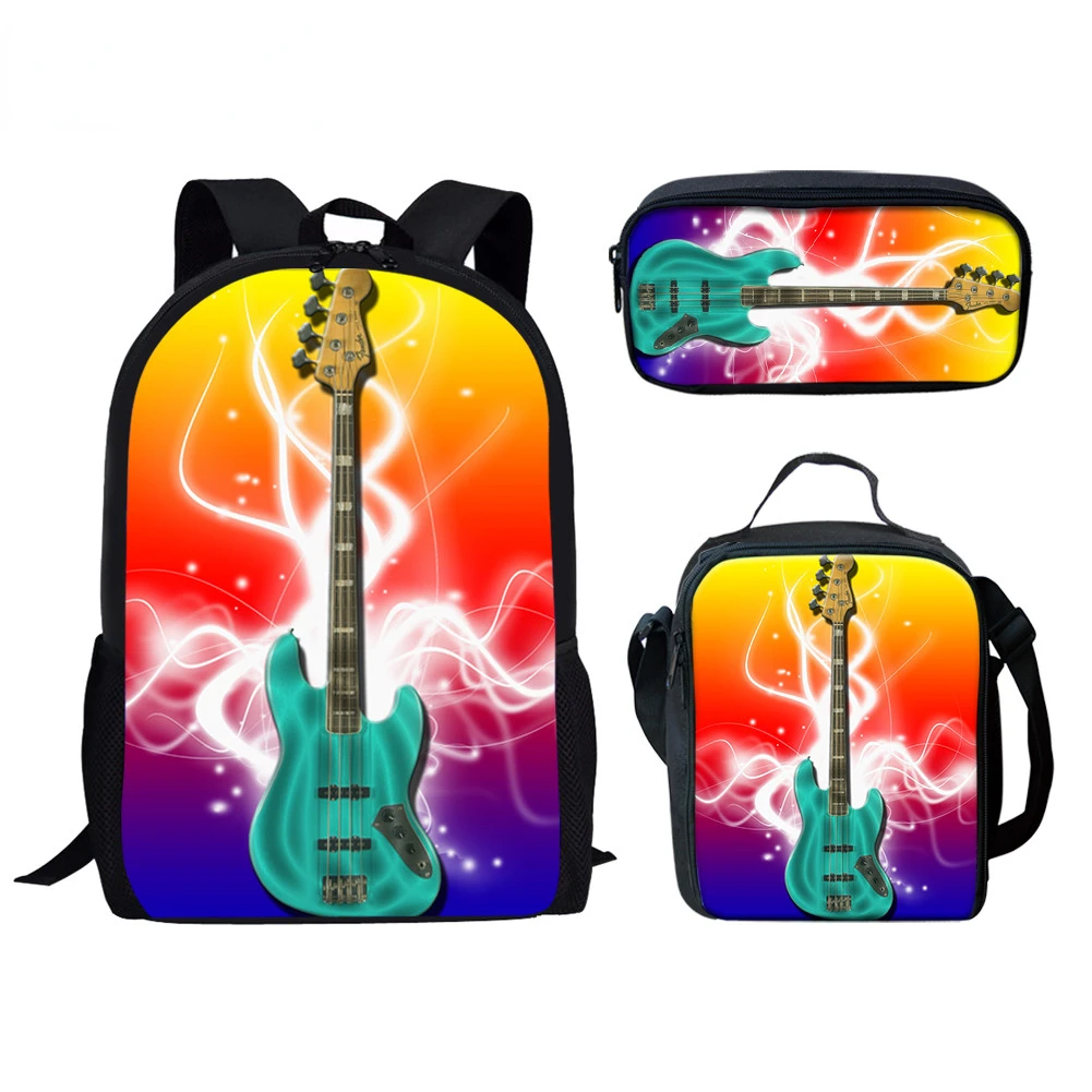 Trendy Popular New Music Guitar 3D Print 3pcs/Set Student School Bags Laptop Daypack Backpack Lunch bag Pencil Case