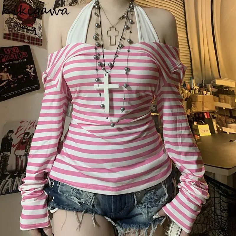 Shirts for Women Y2k T Shirts Chic Striped Long Sleeve Tunic Tees Slash Neck Off Shoulder Tshirts Sexy Vest Suit Two Piece Set