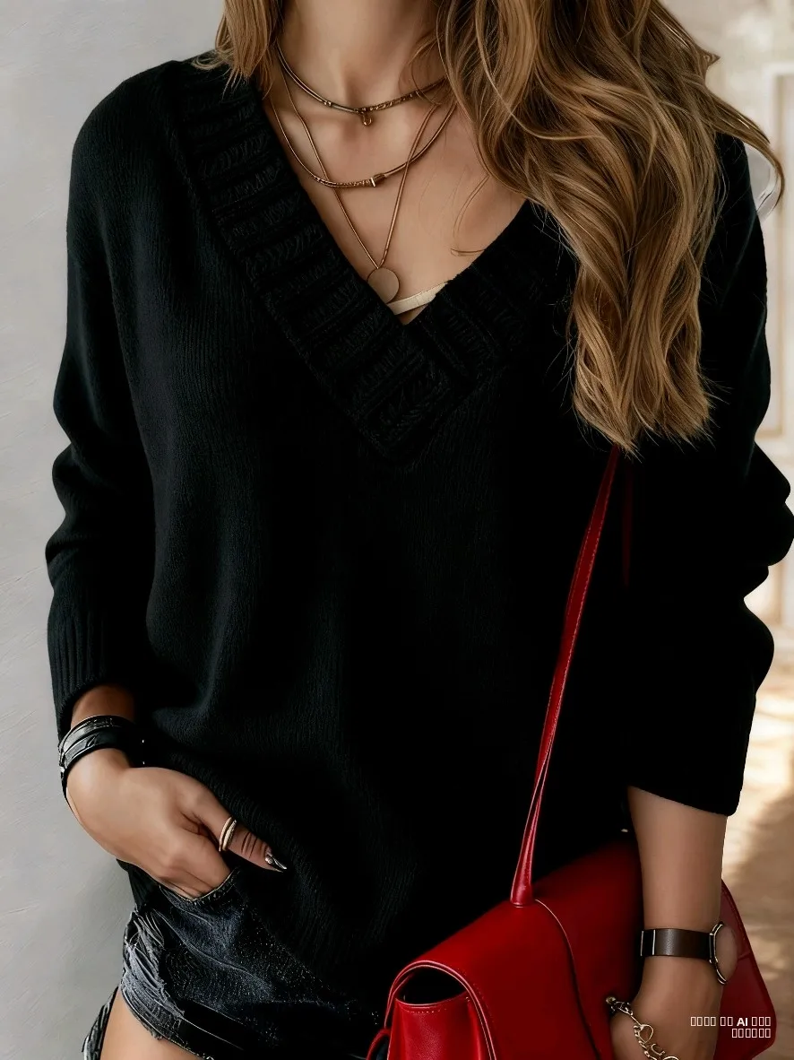 Loose V-Ne Long Sve Pure Color Sweater Women's Autumn Winter Comfortable Casual Sle Pullover Sweater Online Exclusive