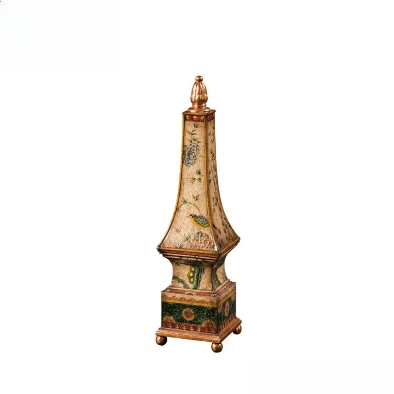 New Chinese Cloth Crack Ornament Wood Ornament Hand Painted Solid Wood Flower and Bird Tower Art European Classical Ornament