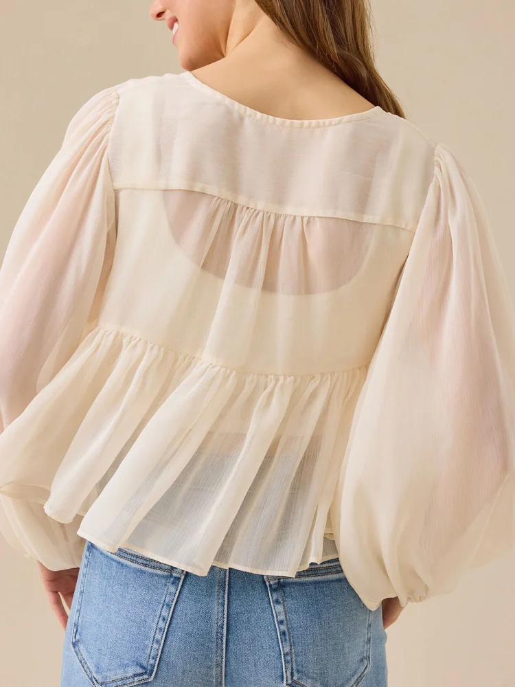 

Sweet Sle Long Sve Women's irt Chiffon Gauze Belted Lantern Sve Loose Fit Color Button Plaet Cross-Border