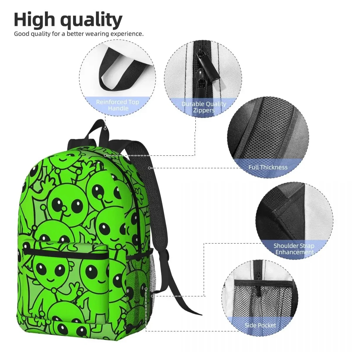 Neon Green Alien Graphic Backpack Boys Girls BookBag Children School Bag Laptop Shoulder Bags for Men Women