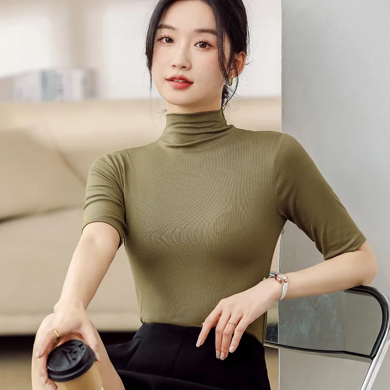 Half Turtleneck Milk Silk Tops Women Short Sleeve Slim T-Shirt Solid Color Basic Trend Bottoming Shirt High Street Women Blouse