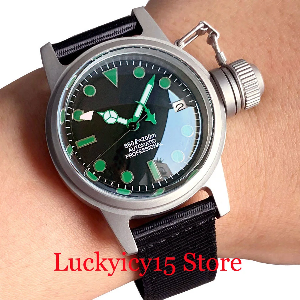 

20ATM Tandorio 36MM Frogman Army Watch Sandblasted Black White Green Dial Lume Shark Hand Automatic NH35A Movt Sapphire Glass