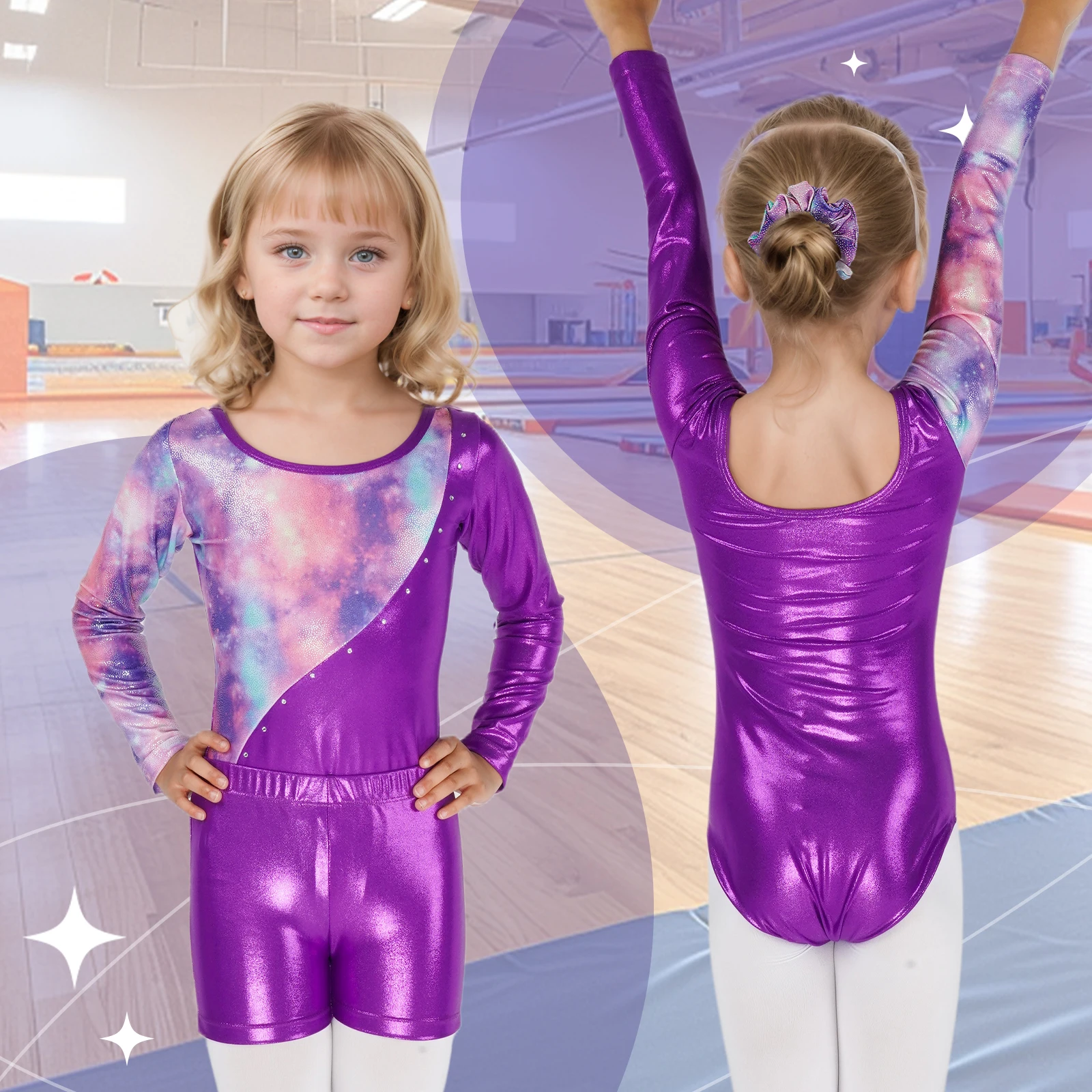 Children Gymnastics Leotard Bodysuit Bronzing Long Sleeves Ballet Dance Set Girls Athletics Costume Child Bodysuit