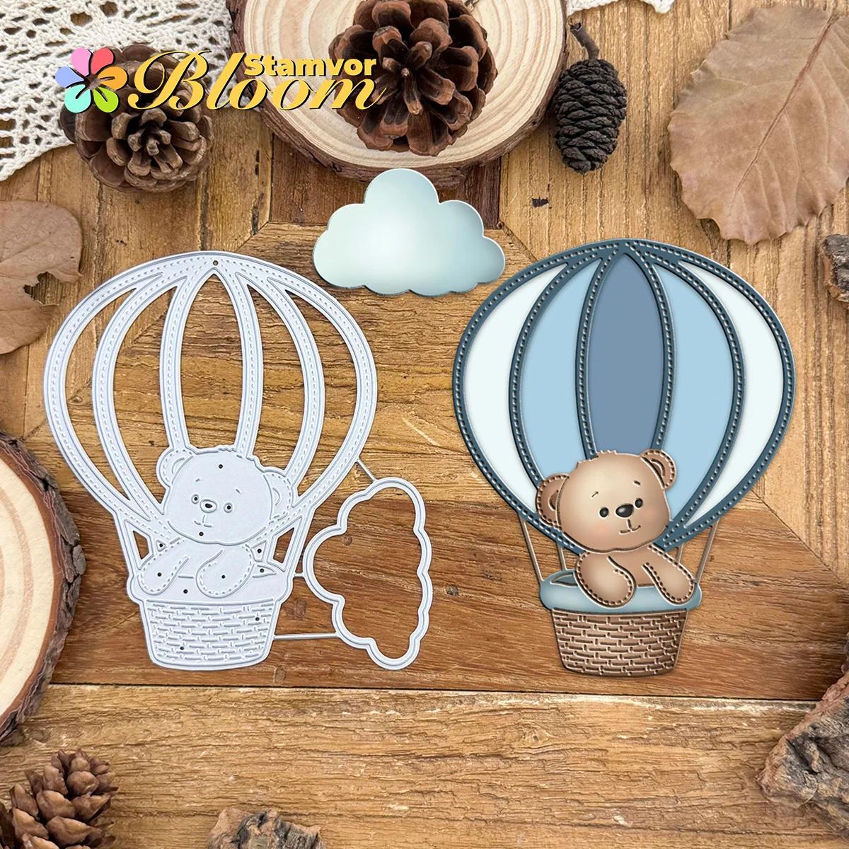 Original schöne Bären auf Heißluftballon mit Wolke, Metall-Stanzformen, Scrapbooking, dekorative Prägung