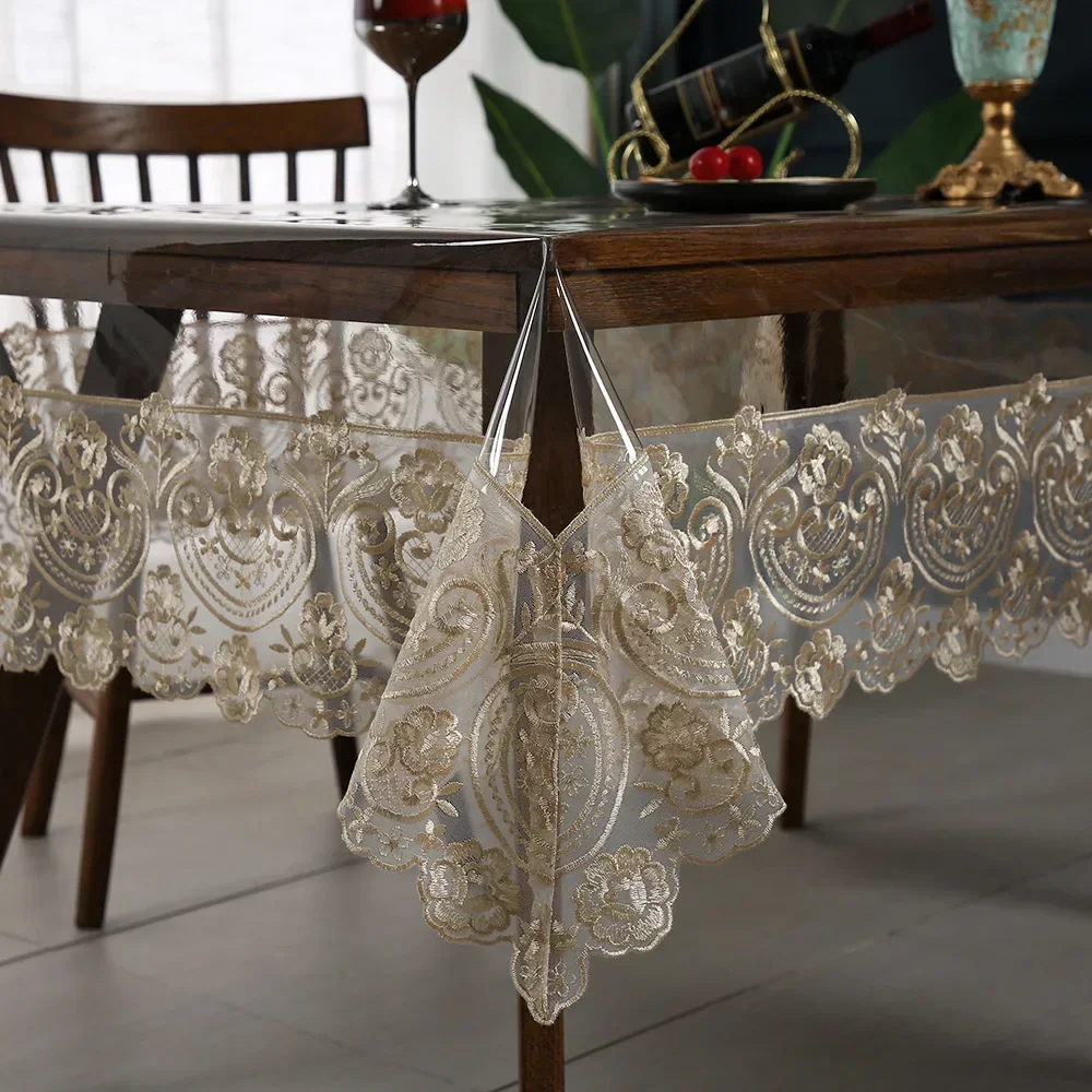Waterproof Glass Transparent Table Cloths Oil Proof Rectangular PVC Plastic Tea Table Lace Table Cover Hotel Wedding Party Decor