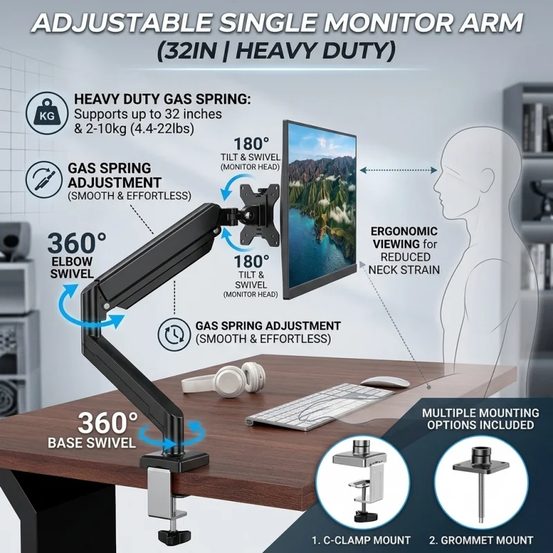 

Регулируемый кронштейн для одного монитора до 32 дюймов, усиленное крепление для компьютерного стола, подставка для монитора - черный