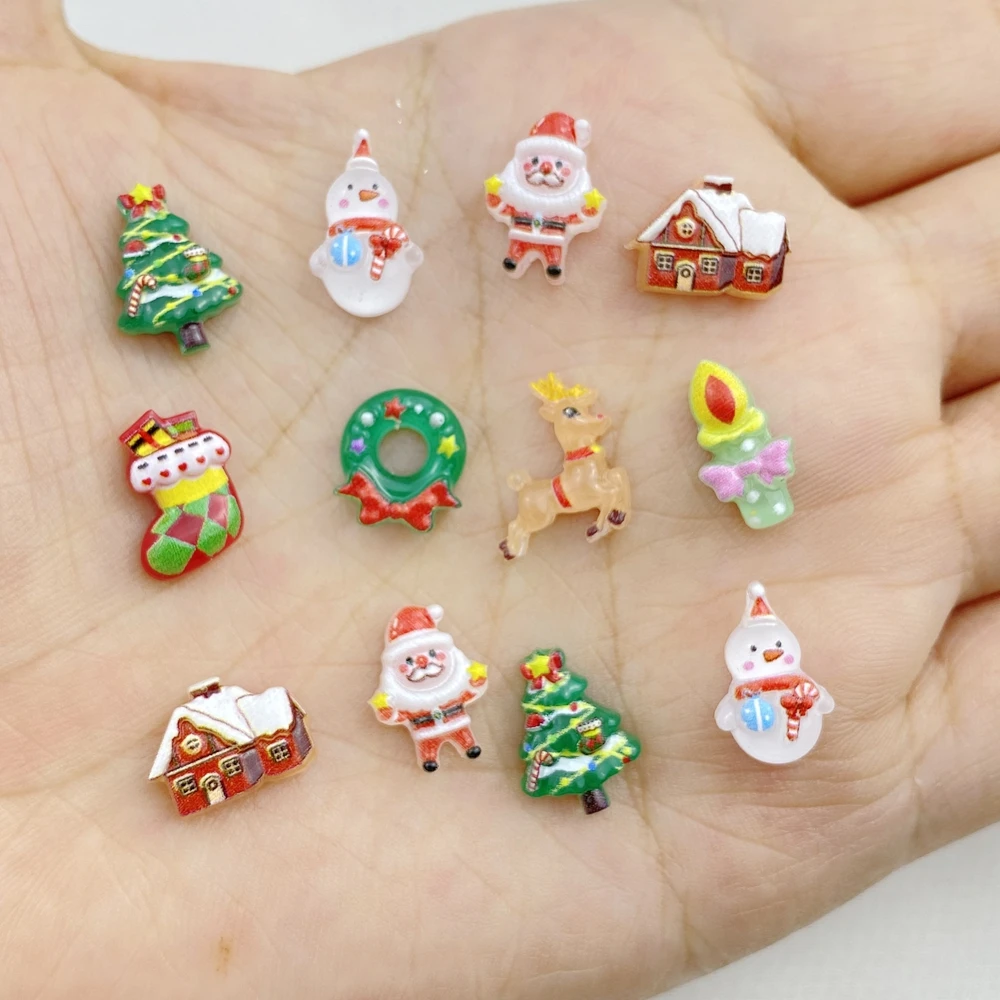 50Pcs New Cute Resin Small Santa Claus, Snowman, Tree Series Flat Back Ornament Jewelry Making Manicure Hairwear Accessories