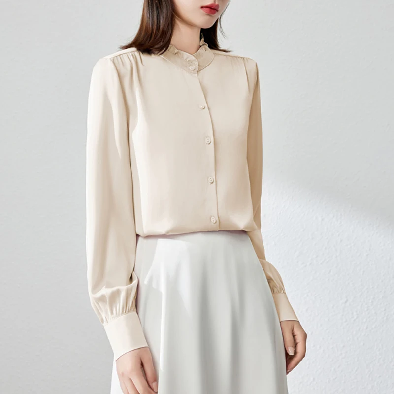 Camicia da donna in raso solido Colletto con volant Manica lunga Camicetta da donna moda 2025 Camicie bianche da donna da ufficio Top casual