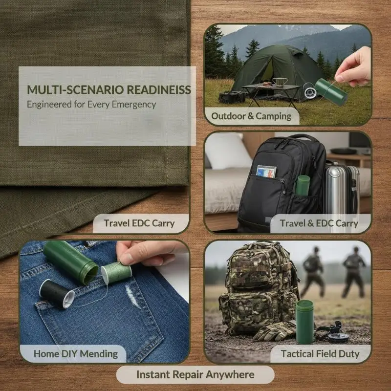 Tragbares Nähset in Militärgrün für Reisen, Notfall-Reparaturset mit Fäden und Nadeln für schnelle Reparaturen – Detail 9