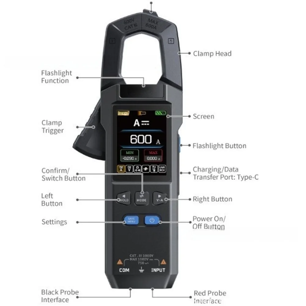 Digital Clamp Meter 100A 600A AC DC True Multimeter for Electrical Testing with NCV Detection and Auto Power Calculation