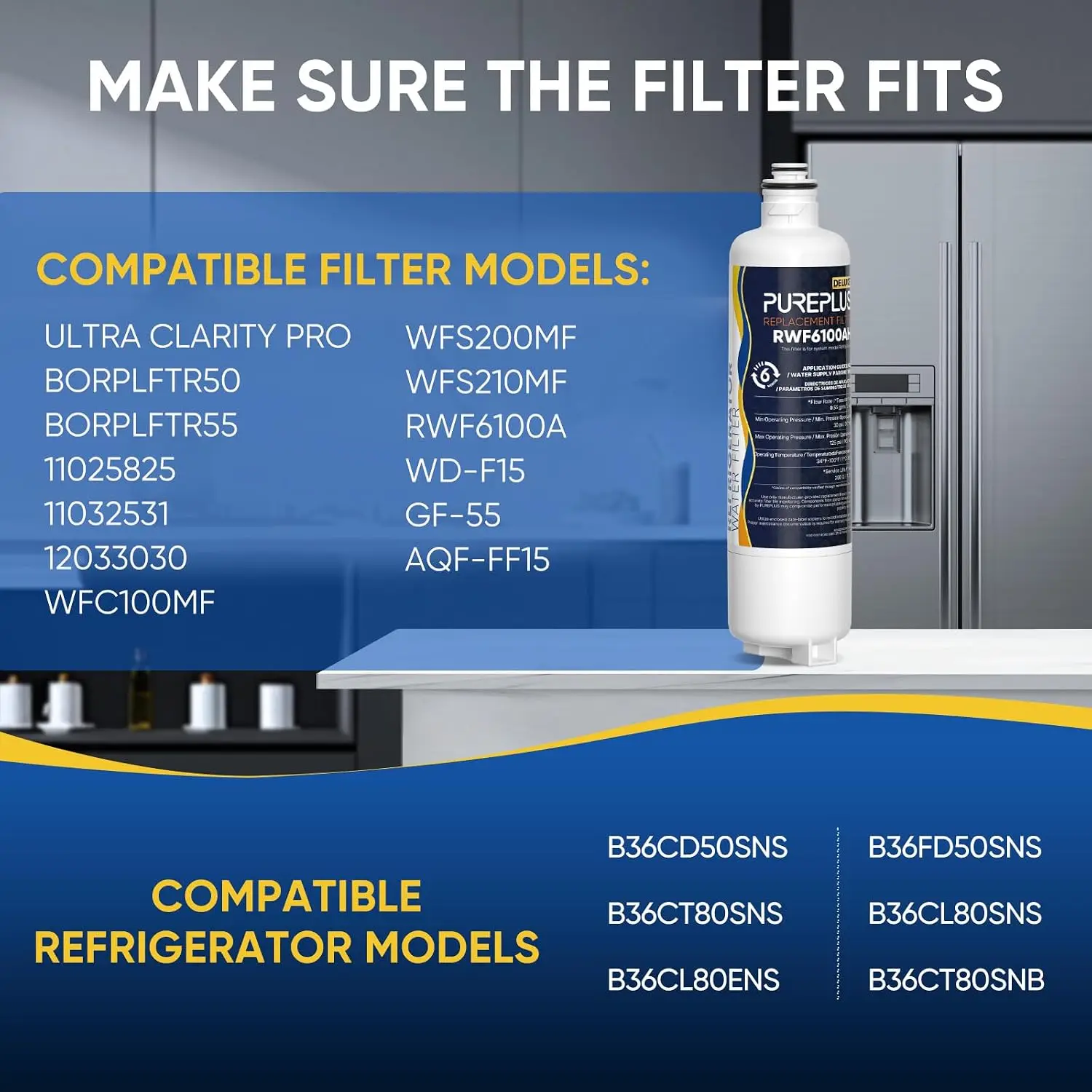 Water Filter Replacement Cartridge, 2 Pack, Fits Select Refrigerator Models