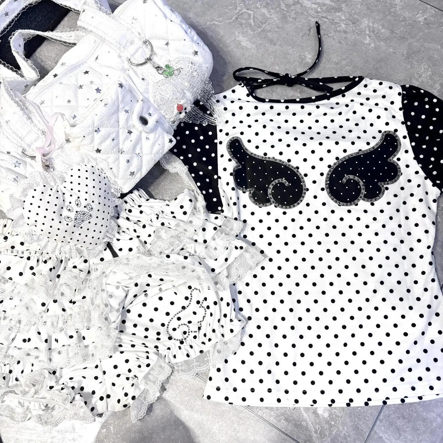 Japanese Harajuku Sweet Patchwork Short Sleeve T-shirt Piano Polka Dot Printed Tees Summer Y2k Subculture Hottie Casual Tops