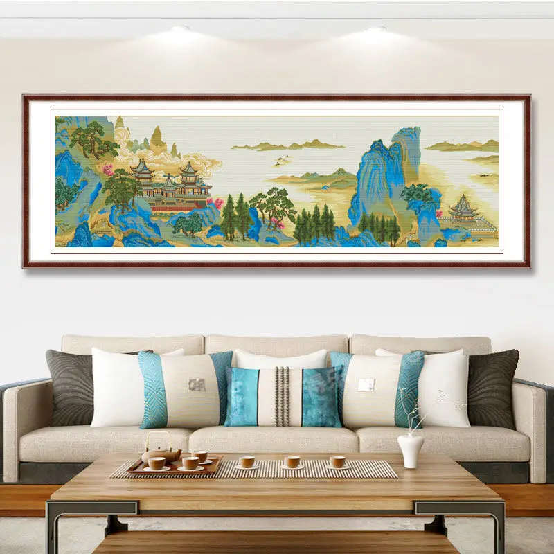 Lingyan Qige Cross Stitch Printed Embroidery New Chinese Landscape Painting Large Long Style Full Needlework DIY