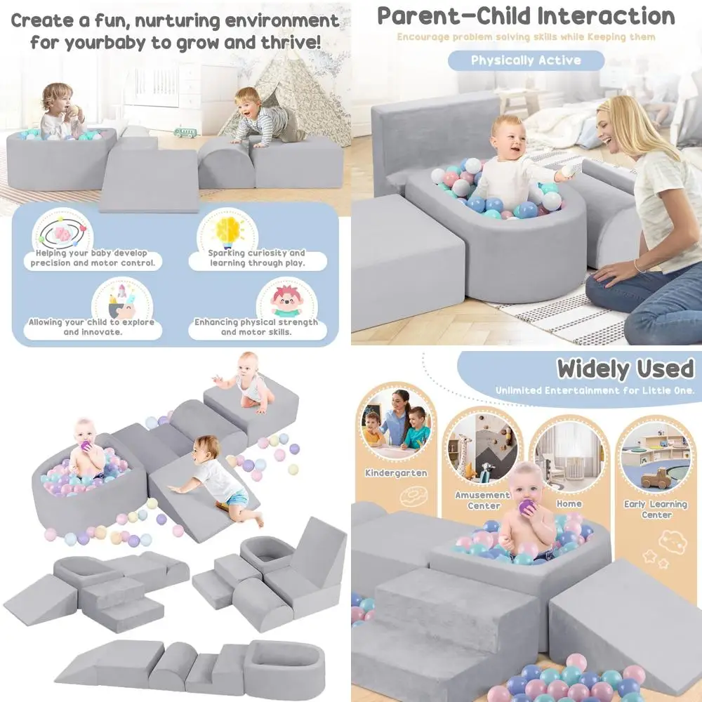 Indoor Toddler Climbing Blocks with Ball Pit, Soft Play Set for Kids (Grey, Balls Not Included)