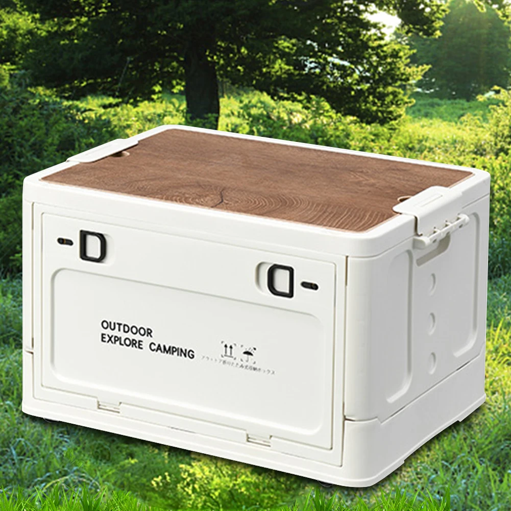 30L Collapsible Storage Bin with Wooden Lid Portable Storage Container Large Capacity Stackable Home Outdoor Store Camping Items