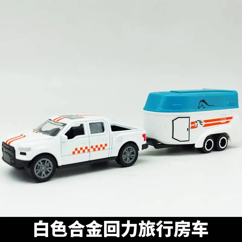 Modelo de carro infantil, modelo de carro de liga de cidade, reboque off-road pull-back, brinquedo de bebê com portas abertas, carro de acampamento