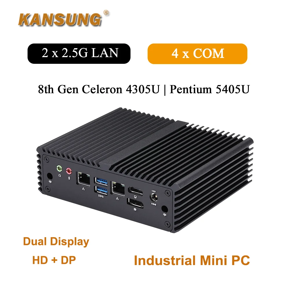 4 COM 8. generacji Intel Celeron 4305U Pentium 5405U Dwurdzeniowy procesor Komputer przemysłowy 2 * 2.5G Lan Bezwentylatorowy minikomputer