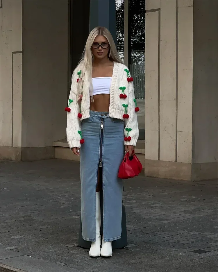 CPSYMYM automne hiver tricoté cerise pulls Cardigan à manches longues haut noël douce fée Grunge pull Streetwear