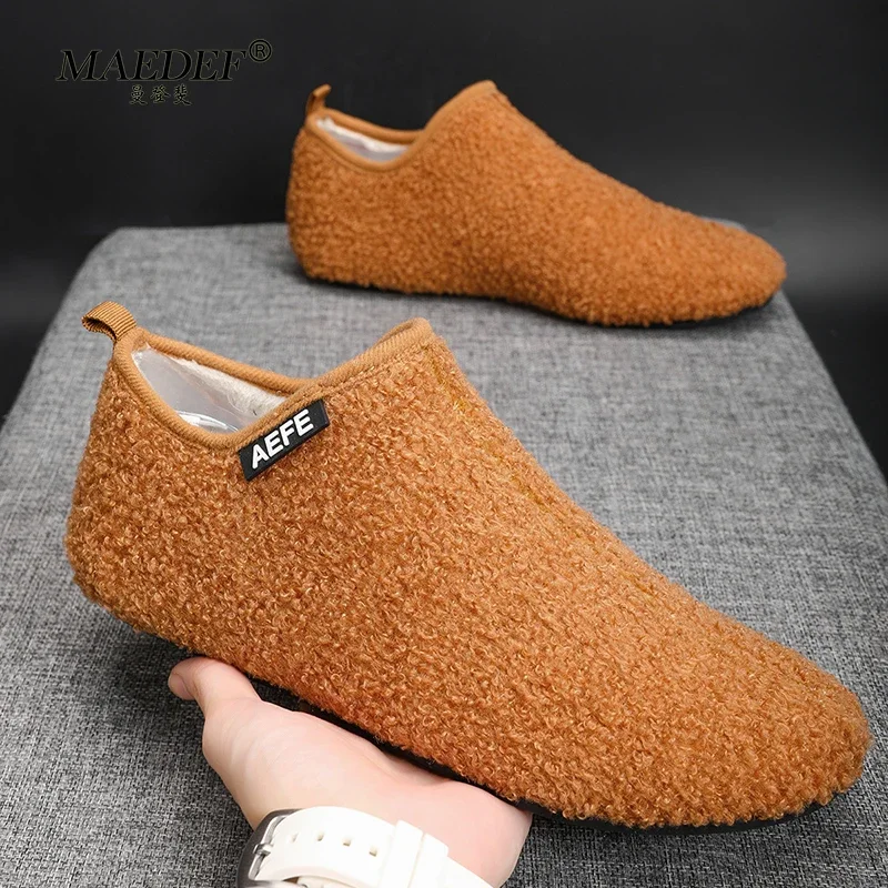 MAEDEF Cotton Shoes Male High Quality Warm Slip on Lightweight Winter Blue Plush Bedroom House Cotton Loafers Men's Warm Shoes