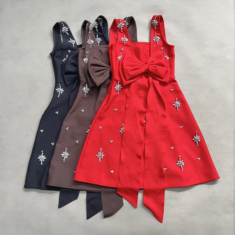 

3-цветное женское мини-платье без рукавов с квадратным воротником, сексуальное блестящее бандажное мини-платье трапециевидной формы с бантом, модный наряд для дня рождения для девочек