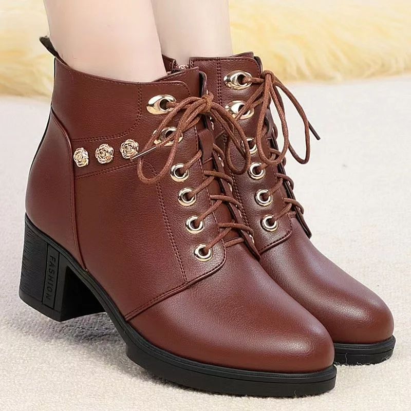 Women Winter New Real Leather Block Heel Cotton Boots Soft Sole Round Toe High Top Plush Keep Warm Big Size High Heel Boots