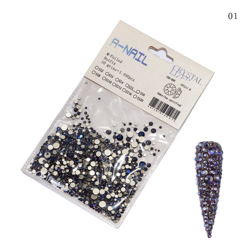 1 Pack Nail Rhinestone SS2-SS20 Flat Bottom AB Flame Crystal Rose Gold Row Drill Shiny Glass Diamond 3D Nail Art Decor Charm Set