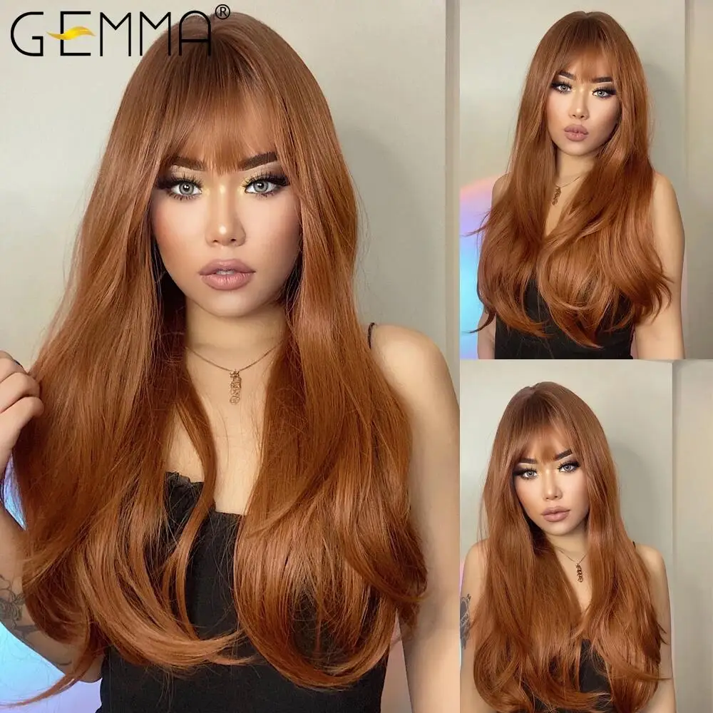 Gemma ombre marrom loira longa reta perucas sintéticas com franja peruca cosplay para mulheres de alta temperatura natural cabelo falso