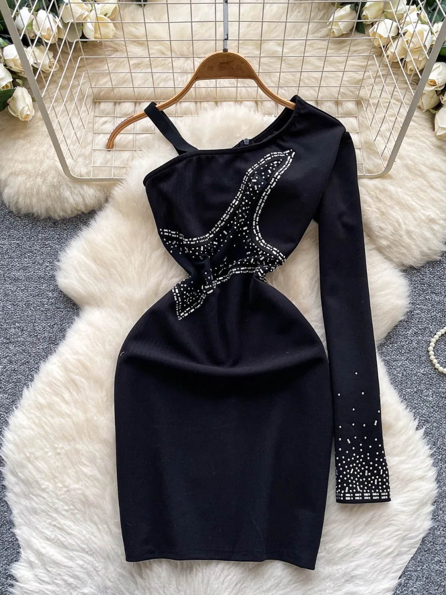 Foamlina menina high street chique indústria pesada fora do ombro suspender vestido de manga longa y2k quente diamante cintura vestidos apertados