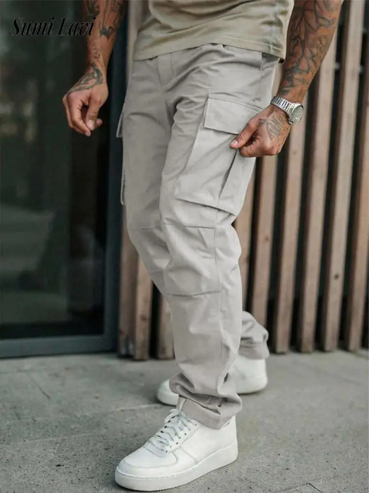 Leisure Loose Straight Cargo Pants For Mens Spring Autumn New Casual Solid Color Trousers Men's Fashionable Multi Pocket Pants