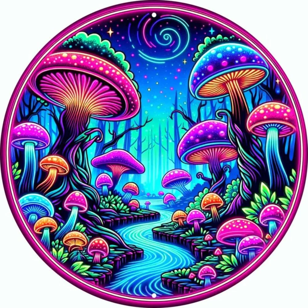 Vintage Neon Psychedelic Mushroom Forest Metal Tin Sign, Retro Trippy Colorful Magic Mushroom with Galaxy Sky Round Wall Art Dec