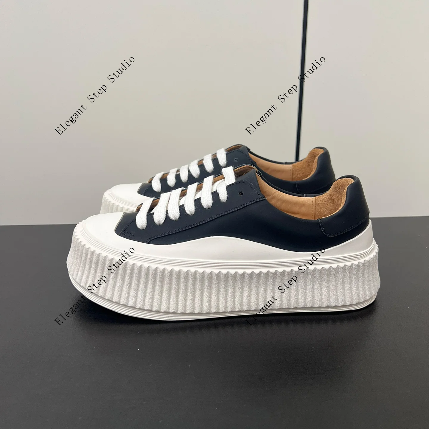 Unisex Shoes Leather Platform Sneakers Low-top Lace-up White