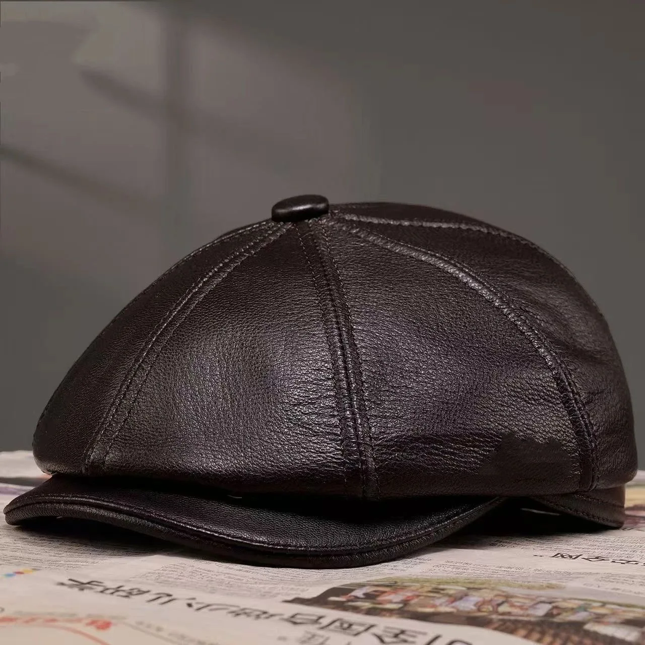 2026 Retro Spring Genuine Leather Boina Hat Matte Sheepskin Beret Octagonal Cap Winter Boina Masculina Men Beret Cap