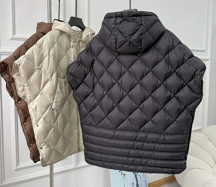 Schinteon Women 90% White Duck Down Irregular Vest with Hood Loose Sleeveless Jacket Solid Fashionable Autumn Winter Top 2026