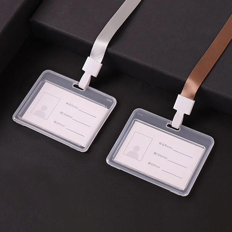 2 Sets Horizontal Pass ID Card Holder Working Permit Case Staff Workers Badge Holder Cover Sleeve Clip Lanyard Office Supplies