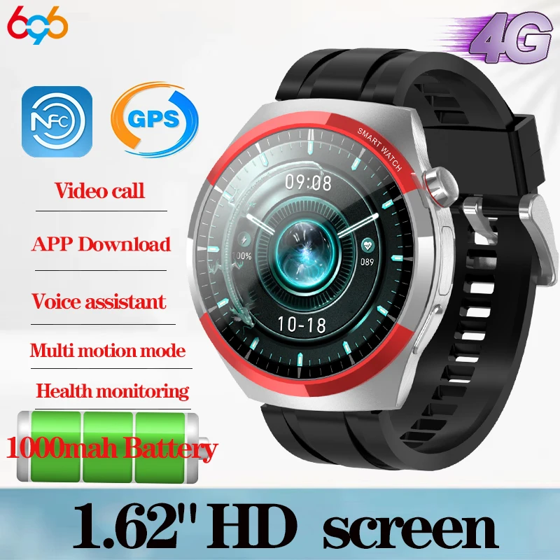 Reloj inteligente 4G para hombre y mujer, dispositivo con videollamada, GPS, Wifi, cámaras duales, control del ritmo cardíaco, resistente al agua, NFC, música, deportes, Finess, 1,62"