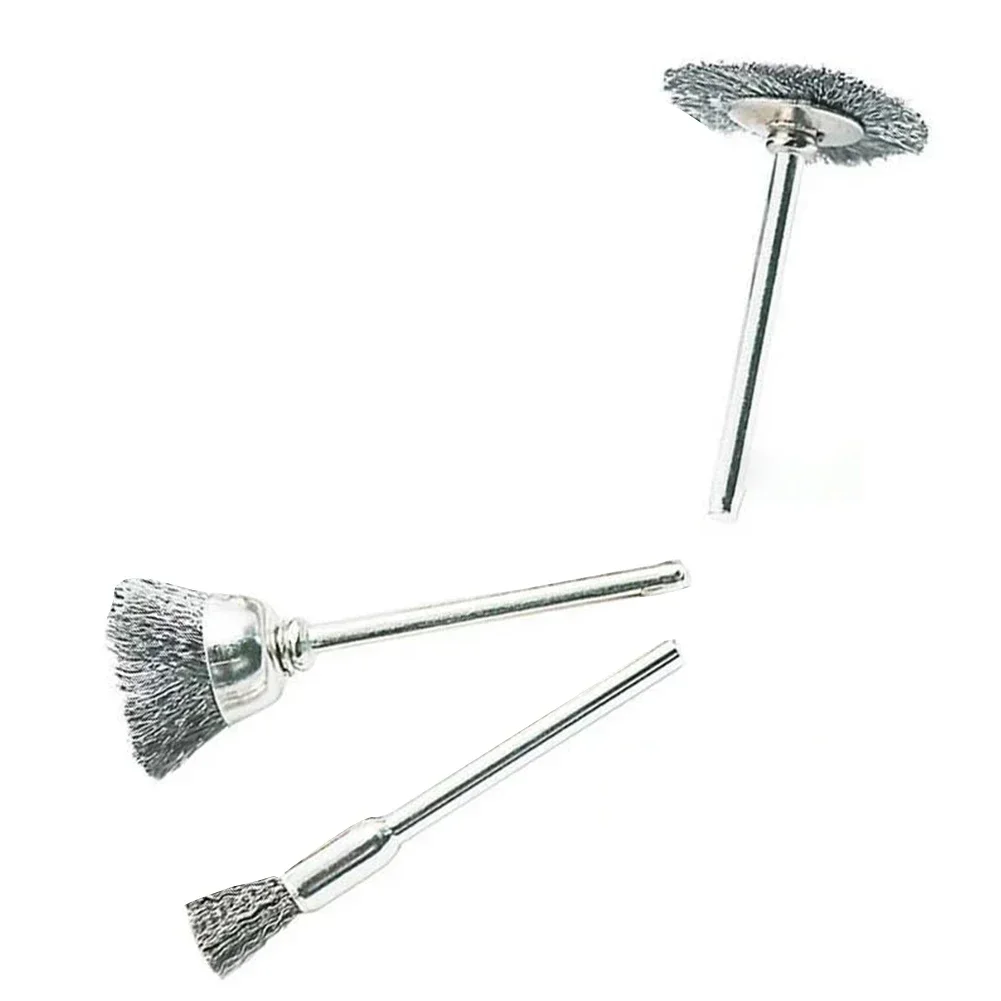 3 uds cepillo de eneldo cables de acero inoxidable 5/15/25mm cabezal de cepillo vástago de 3mm para eliminación de óxido herramienta rotativa amoladora