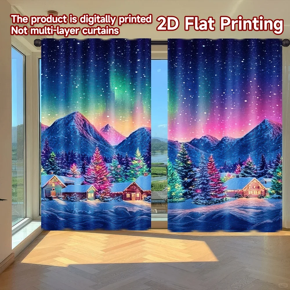 2D flat printing 2pcs Window Curtains Christmas Night Aurora Digital Printed Polyester Drapes Birthday Party Use for Booths