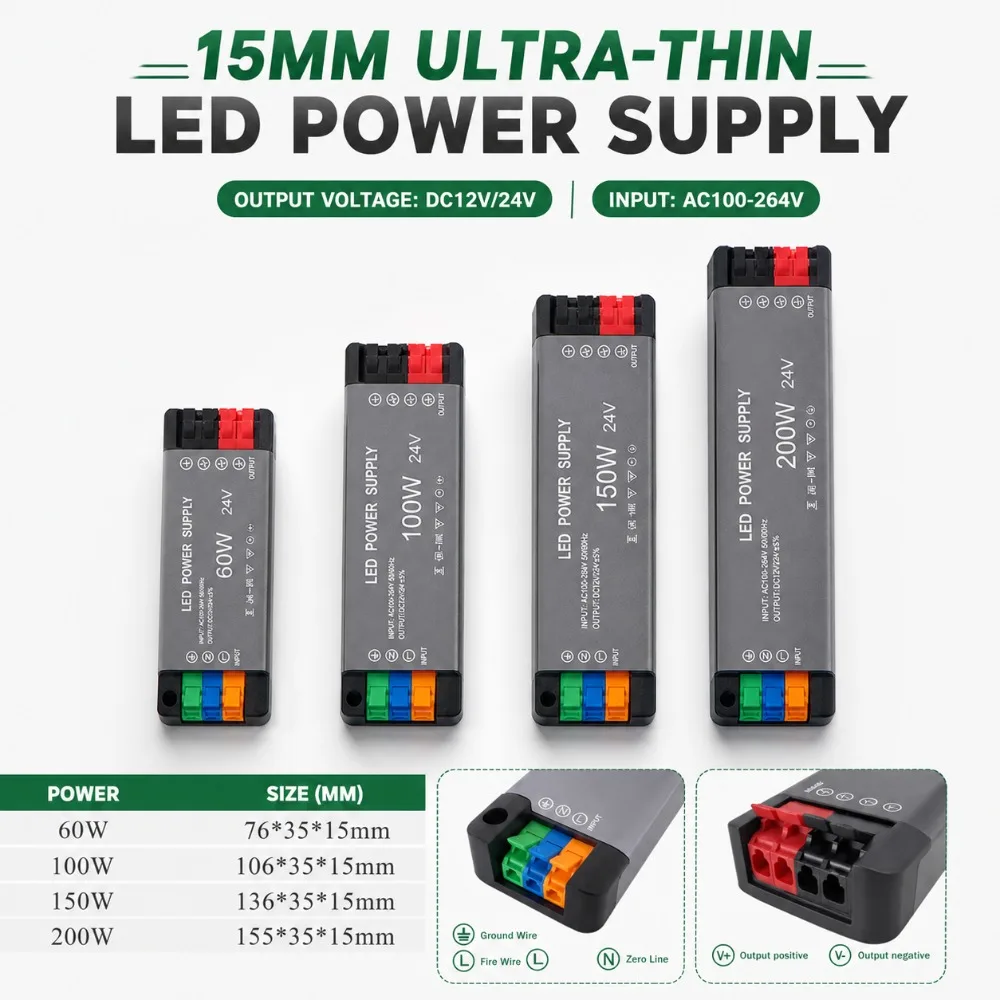 15mm Ultra-Thin LED Power Supply AC100‑264V To DC12V 24V 60W 100W 150W 200W Efficient Heat Radiation LED Driver Transformer