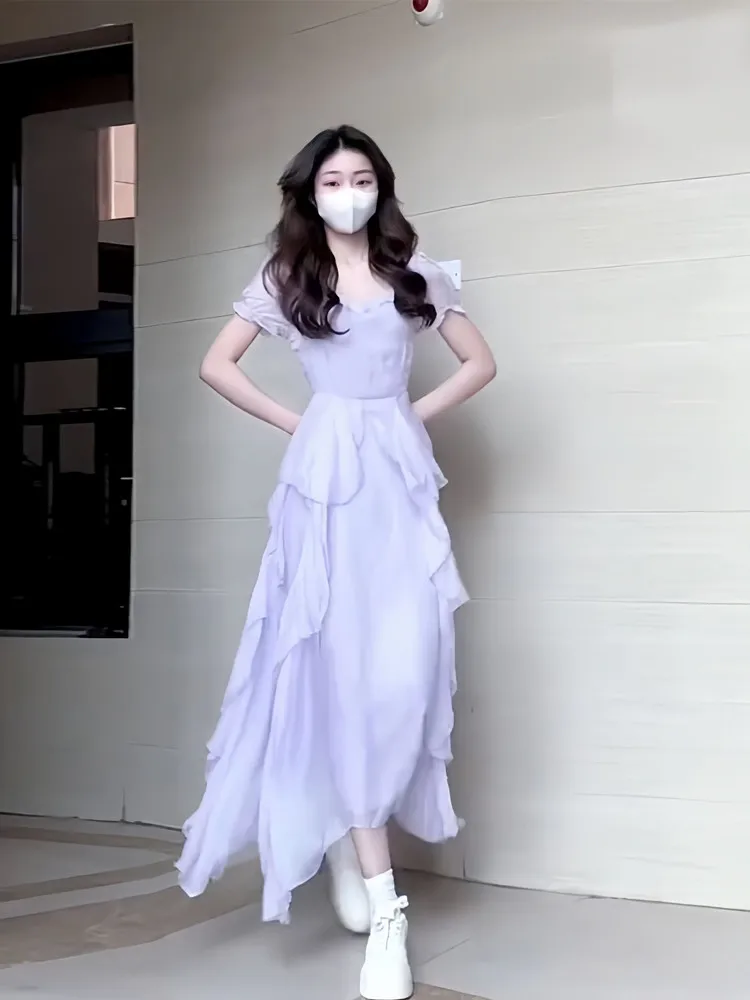 

Elegant Summer New Design Fairy Skirt Dress with Lace Trim Waist Cinching Long Dress Korean Style Commute Bubble Sleeve Short...